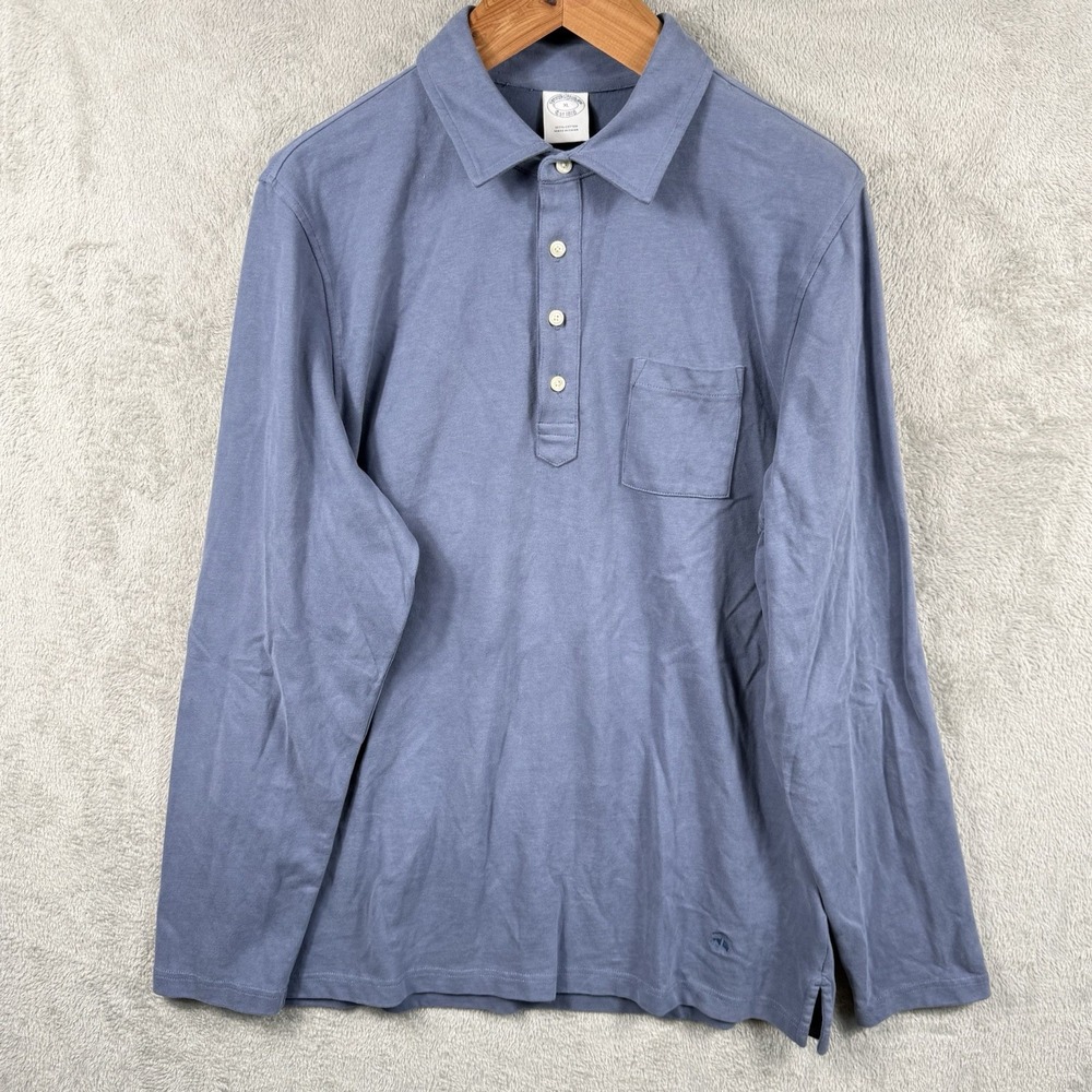 Brooks Brothers Polo Shirt Mens XL Blue Cotton L/S Rugby Logo Terry Cloth